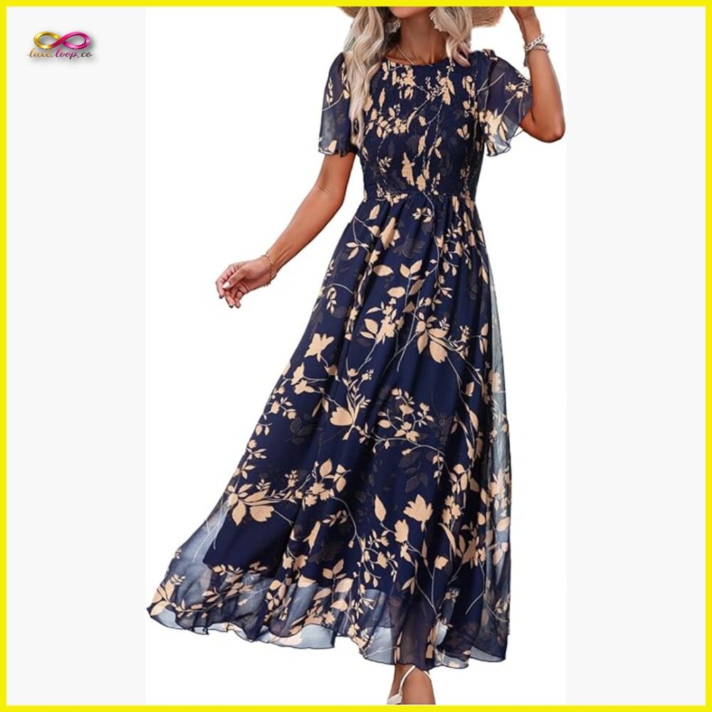 Boho Flowy Maxi Dress Flutter Sleeve Smocked Top Chiffon Summer Vacation